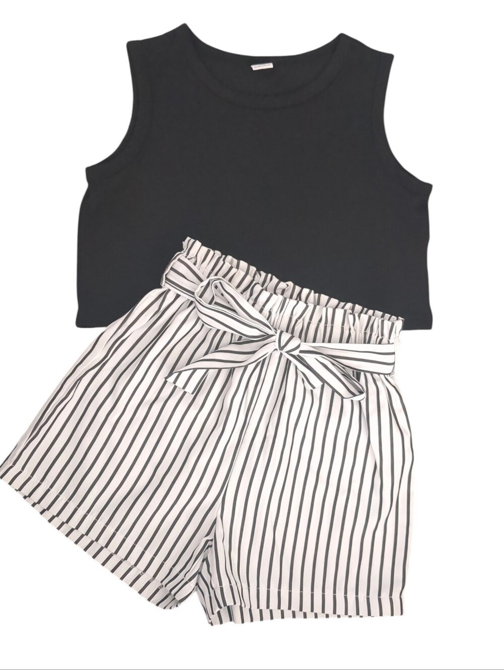 Girls' Solid Tank Top & Stripped Belted Paper Bag Waist Shorts